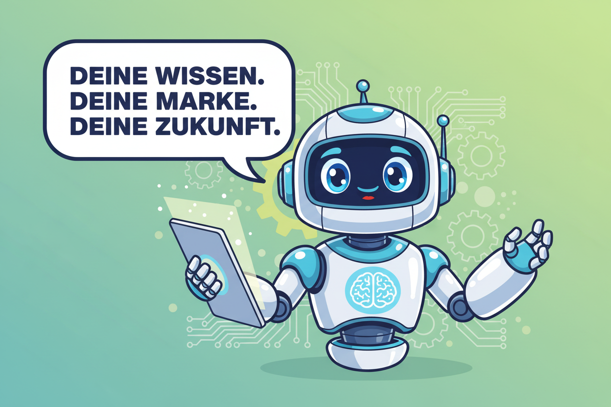 create a photo about a robot said: "Deine Wissen. Deine Marke. Deine Zukunft", style cartoon with light green background